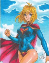  1girl 2020 absurdres artist_name ass blonde_hair blue_eyes blue_leotard breasts cape clenched_hand covered_navel cowboy_shot dc_comics female_focus highres impossible_clothes leotard long_sleeves medium_breasts medium_hair ravernclouk_design red_cape sky solo supergirl superman_(series) superman_logo thick_thighs thighs traditional_media  rating:Sensitive score:14 user:SatoKun1984