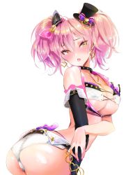 1girl arched_back ass bad_id bad_pixiv_id black_gloves blush bow breasts chain cross-laced_clothes earrings elbow_gloves eyelashes gloves hair_between_eyes hair_bow hat heart heart_earrings highres hip_focus idolmaster idolmaster_cinderella_girls jewelry jougasaki_mika large_breasts long_hair mini_hat navel necklace open_mouth pink_hair poniponi short_shorts shorts simple_background single_glove solo twintails white_background white_shorts yellow_eyes rating:Questionable score:21 user:danbooru