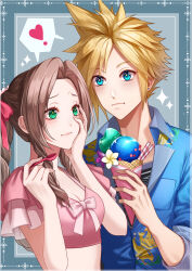  1boy 1girl aerith_gainsborough aerith_gainsborough_(floral_delight) animal_print aqua_eyes bird_print black_shirt blonde_hair blue_shirt blush braid braided_ponytail breasts brown_hair chocobo cleavage cloud_strife cloud_strife_(ocean_chocobo) collared_shirt crop_top earrings final_fantasy final_fantasy_vii final_fantasy_vii_rebirth final_fantasy_vii_remake flower frilled_sleeves frills green_eyes grey_background hair_ribbon hand_on_own_cheek hand_on_own_face hawaiian_shirt heart highres holding holding_ice_cream_cone holding_spoon ice_cream_cone jewelry long_hair medium_breasts official_alternate_costume papiwanko parted_bangs pink_ribbon pink_shirt print_shirt ribbon shirt shirt_under_shirt short_hair sidelocks single_braid single_earring sleeves_rolled_up spiked_hair spoken_heart spoon upper_body wavy_mouth yellow_flower 