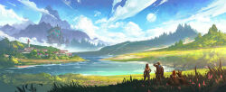  1boy 2girls blue_sky building cloud commentary day dog english_commentary fantasy field golem grass highres hill ilysia lake landscape mountain mountainous_horizon multiple_girls official_art outdoors photoshop_(medium) planet richardlay scenery sitting sky standing town very_wide_shot water 