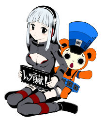  1girl barcode bear breasts freedom_wars hat headphones knees_together_feet_apart long_hair long_sleeves mascot necktie panties pantyshot pantyshot_(sitting) prisoner propa-kun sign silver_hair simple_background sitting small_breasts tarian thighhighs togabito translated underwear white_background 