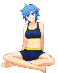  1girl blue_eyes blue_gale blue_hair colorized feet jewelry legs crossed_legs matching_hair/eyes messy_hair necklace original short_hair sitting sketch smile solo stomach tomboy unfinished white_background  rating:Sensitive score:21 user:jojafnot
