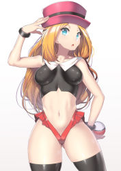 1girl adapted_costume black_thighhighs blonde_hair blue_eyes breasts cameltoe creatures_(company) game_freak gluteal_fold hat highleg highleg_panties impossible_clothes impossible_shirt long_hair looking_at_viewer medium_breasts mega_ring microskirt midriff nagase_haruhito navel nintendo panties pink_hat poke_ball poke_ball_(basic) pokemon pokemon_xy porkpie_hat serena_(pokemon) shirt simple_background skin_tight skindentation skirt solo standing thighhighs thighs underwear white_background rating:Questionable score:213 user:danbooru