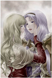  2girls acolyte_(ragnarok_online) blonde_hair brown_cape brown_shirt cape capelet commentary_request dress fur-trimmed_cape fur_trim hand_on_another&#039;s_face light_purple_hair long_hair looking_at_another lowres mr.romance multiple_girls open_mouth purple_dress ragnarok_online rain shirt upper_body wet wet_clothes white_capelet wizard_(ragnarok_online) 