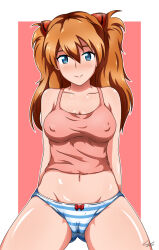  1girl artist_request blue_eyes blush breasts brown_hair highres interface_headset legs_apart long_hair looking_at_viewer medium_breasts neon_genesis_evangelion no_bra nude panties signature smile sonicbluespeed source_request souryuu_asuka_langley striped_clothes striped_panties underwear underwear_only wide_hips 