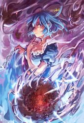  1girl bad_id bad_pixiv_id blue_eyes blue_hair breasts cleavage dress finger_to_own_chin grin hair_ornament hair_rings hair_stick hutaba123 kaku_seiga large_breasts matching_hair/eyes smile solo touhou 