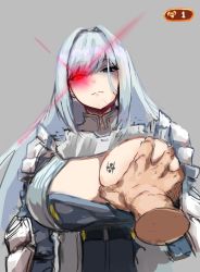1boy 1girl angry armor awesomeerix blue_eyes breast_tattoo breasts breasts_squeezed_together cleavage cleavage_cutout closed_mouth clothing_cutout disembodied_hand ethel_(xenoblade) glowing glowing_eye grabbing grabbing_another&#039;s_breast grey_hair hetero highres large_breasts long_hair looking_at_viewer red_eyes shoulder_armor simple_background tattoo upper_body very_long_hair xenoblade_chronicles_(series) xenoblade_chronicles_3 rating:Sensitive score:130 user:danbooru