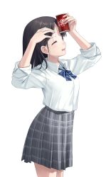  1girl adjusting_hair arms_up black_eyes black_hair blue_bow blue_bowtie bow bowtie breasts can can_to_forehead collared_shirt commentary_request cowboy_shot dr_pepper dress_shirt drink_can forehead from_side grey_skirt highres holding holding_can long_hair na-ga one_eye_closed open_mouth original parted_bangs plaid plaid_skirt pleated_skirt school_uniform shirt simple_background skirt sleeves_rolled_up small_breasts soda_can solo standing striped_bow striped_bowtie striped_clothes white_background white_shirt 