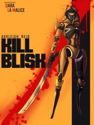  1girl absurdres apex_legends artist_name ash_(titanfall_2) assault_visor blood blood_splatter commentary dara_la_malice english_commentary full_body highres holding holding_sword holding_weapon hood hood_up humanoid_robot kill_bill movie_poster parody robot simulacrum_(titanfall) solo stinger_ash sword title_parody weapon 