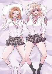  2girls alternate_hairstyle animal_print aqua_panties arm_up bed_sheet black_skirt black_socks blonde_hair blush boku_no_kokoro_no_yabai_yatsu bow bowtie breasts brown_eyes collared_shirt colored_tips commentary earclip earrings feet_out_of_frame from_above gyaru highres hoop_earrings jewelry large_breasts leopard_print long28 long_hair looking_at_viewer lying miniskirt mother_and_daughter multicolored_hair multiple_girls official_alternate_hairstyle on_back open_mouth panties pillow pink_panties plaid plaid_skirt pleated_skirt print_panties shirt short_hair skirt socks spread_legs striped_bow thighs underwear v vertical-striped_bow white_shirt white_socks yamada_anna yamada_sanae_(bokuyaba) 