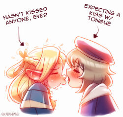  2girls artist_name bang_dacy blonde_hair blush braid chibi closed_eyes commentary dungeon_meshi english_commentary english_text falin_touden grey_hair hasn&#039;t_kissed_anyone_ever_vs_expecting_a_kiss_with_tongue_(meme) hat imminent_kiss long_hair marcille_donato medium_hair meme multiple_girls puckered_lips simple_background sweat white_background yuri  rating:General score:4 user:danbooru