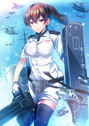  1girl aircraft airplane autocannon black_thighhighs breasts brown_eyes brown_hair cannon close-in_weapon_system commentary_request electronic_firearm f-2 f-35 f-35_lightning_ii flight_deck gatling_gun helicopter highres japan_maritime_self-defense_force japan_self-defense_force kaga_(jmsdf) kaga_(kancolle) kantai_collection large_breasts m61_vulcan military multiple-barrel_firearm phalanx_ciws revision rotary_cannon rotary_machine_gun sentry_gun sh-60_seahawk side_ponytail silly_(marinkomoe) thighhighs tiltrotor torpedo v-22_osprey 