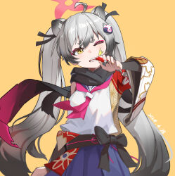  1girl absurdres ahoge animal_ear_fluff animal_ears biting black_bow black_scarf blue_archive blue_skirt bow breasts brown_background brown_eyes commentary_request dated grey_hair halo hand_up head_tilt highres holding lighter long_hair long_sleeves michiru_(blue_archive) neckerchief one_eye_closed parted_lips pink_neckerchief pink_scarf pleated_skirt raccoon_ears raccoon_hair_ornament scarf shirt short_eyebrows simple_background skirt small_breasts solo thick_eyebrows torn_clothes torn_scarf twintails very_long_hair white_shirt wide_sleeves zzq 