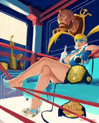  1girl aqua_nails belt blonde_hair blue_lips blue_nails boots brachypelman breasts cleavage feet fingerless_gloves gloves high_heel_boots high_heels large_breasts crossed_legs lipstick long_hair makeup mask microphone nail_polish open_shoes rainbow_mika shoe_dangle sitting solo_focus street_fighter toenail_polish toenails toes trophy trophy_head twintails unfinished wrestling_mask wrestling_ring zangief 