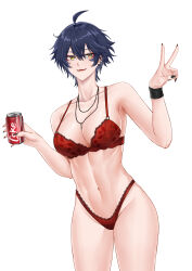  1girl absurdres ahoge black_nails blue_hair bra breasts can coca-cola collarbone deroo drink_can earrings eyeliner fangs highres holding holding_can jewelry lace lace-trimmed_bra lace-trimmed_panties lace_trim large_breasts light_smile makeup natsumi_(deroo) navel necklace open_mouth original panties product_placement red_bra red_eyeliner red_panties short_hair simple_background smile soda_can solo underwear v white_background yellow_eyes 