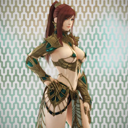  1girl 3d absurdres armor bikini_armor breasts brown_hair covered_erect_nipples egyptian female_focus gloves gradient_background green_eyes hand_on_own_hip highres kingdom_under_fire large_breasts midriff original patterned_background pelvic_curtain ponytail revealing_clothes ryanreos shiny_skin shoulder_pads smile solo thighs  rating:Questionable score:72 user:danbooru