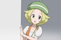  1girl :o beret between_breasts bianca_(pokemon) blonde_hair breasts collarbone commentary_request creatures_(company) dress game_freak green_eyes green_hat grey_background hat highres koniko_(525lj) looking_to_the_side nintendo open_mouth orange_vest peeking_out pokemon pokemon_bw short_hair short_sleeves solo strap_between_breasts upper_body vest white_dress white_wristband 
