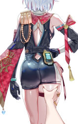 1girl 1other ass black_gloves breasts capelet clenched_hand clothing_cutout epaulettes facing_away from_behind gloves hand_on_own_hip highres honkai:_star_rail honkai_(series) medium_breasts meme multicolored_hair pov pov_cheek_grabbing_(meme) pov_hands red_capelet shiny_skin short_hair single_epaulette solo_focus streaked_hair tassel thigh_grab thigh_strap thighs topaz_(honkai:_star_rail) uenoryoma white_hair