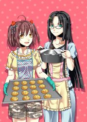  2girls :d ahoge apron black_hair bread breasts brown_hair camouflage commentary_request cowboy_shot food gaokao.love.100days glasses gloves green_eyes highres long_hair looking_at_viewer looking_over_eyewear luo_xiaohan medium_breasts melon_bread multiple_girls muxin open_mouth pai_(1026508292) pants polka_dot polka_dot_background polka_dot_shirt shirt short_hair shorts smile standing twintails very_long_hair yellow_eyes 