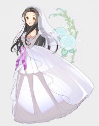  1girl black_hair blush breasts bridal_veil commentary_request dress elbow_gloves forehead gloves ich. idolmaster idolmaster_cinderella_girls long_hair looking_at_viewer looking_to_the_side medium_breasts sena_shiori_(idolmaster) smile solo veil very_long_hair wedding_dress white_dress white_gloves 