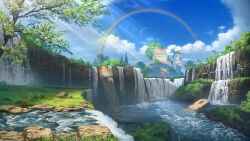 absurdres blue_sky building bush castle cloud cloudy_sky forest grass highres meron_2770 mountain nature no_humans original palm_tree rainbow rainforest river ruins scenery sky tower tree water waterfall  rating:General score:1 user:danbooru