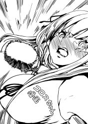  1girl armpits blush borrowed_character boxing_gloves breasts character_name elf fangs greyscale highres korosu-chan_(asanagi) large_breasts long_hair looking_at_viewer monochrome original pointy_ears shirt simple_background sleeveless sleeveless_shirt speed_lines squarevr tearing_up translated twintails white_background 