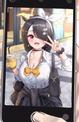  1girl 1other black_cardigan black_hair black_scrunchie black_skirt blue_archive blush breasts cardigan cardigan_around_waist cellphone cleavage clothes_around_waist collarbone collared_shirt drink drinking_straw earrings eyes_visible_through_hair hair_ornament hair_over_one_eye hairclip halo highres hinata_(blue_archive) holding holding_drink ine_(ineinnen) jewelry large_breasts long_hair long_sleeves one_eye_closed open_mouth phone pleated_skirt red_eyes scrunchie shirt skirt smartphone solo_focus v white_shirt wrist_scrunchie yellow_halo 