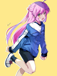  1girl ahoge akayama_yukihe alternate_costume arms_at_sides bike_shorts blue_jacket blush breasts commentary_request floating_hair from_side frown futaki_kanata gym_uniform hair_bobbles hair_ornament half_updo highres jacket little_busters! long_hair looking_at_viewer medium_breasts motion_lines open_mouth ponytail purple_hair shirt shoes sleeves_past_wrists sneakers solo standing standing_on_one_leg straight_hair track_jacket very_long_hair white_footwear white_shirt yellow_eyes 