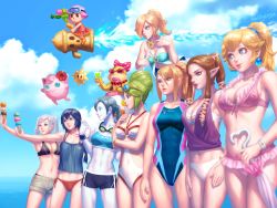  6+girls abs alternate_hairstyle animal_crossing aqua_eyes artist_name beach bellhenge black_hair blonde_hair blue_eyes blue_hair blush bow breasts brown_eyes brown_hair cleavage cloud colored_skin competition_swimsuit copyright_name creatures_(company) day derivative_work earrings fire_emblem fire_emblem_awakening food game_freak gen_1_pokemon goggles goggles_around_neck green_eyes green_hair grey_hair group_picture group_profile hair_bun has_bad_revision highres holding ice_cream jewelry jigglypuff kid_icarus large_bow large_breasts lineup lips lipstick long_hair lucina_(fire_emblem) makeup mario_(series) md5_mismatch medium_breasts metroid midriff multiple_girls nail_polish navel nintendo one-piece_swimsuit outdoors palutena parody pink_hair pointy_ears pokemon pokemon_(creature) ponytail princess_peach princess_zelda profile resized resolution_mismatch robin_(female)_(fire_emblem) robin_(fire_emblem) rosalina samus_aran short_hair sidelocks single_hair_bun sky small_breasts smile source_smaller standing sunglasses sunglasses_on_head super_mario_galaxy super_smash_bros. super_soaker swimsuit the_legend_of_zelda the_legend_of_zelda:_twilight_princess twintails umbrella upscaled villager_(animal_crossing) wendy_o._koopa white_hair white_skin wii_fit wii_fit_trainer wii_fit_trainer_(female)  rating:Sensitive score:105 user:danbooru