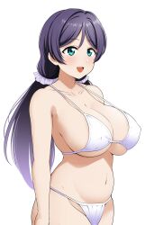  1girl :d barkhorn0331 bikini breasts collarbone green_eyes highres large_breasts long_hair love_live! love_live!_school_idol_project low_twintails open_mouth purple_hair scrunchie simple_background smile solo swimsuit tojo_nozomi twintails upper_body very_long_hair white_background white_bikini 