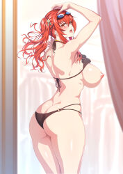  1girl absurdres ahoge ass azur_lane bare_arms bare_back bare_shoulders bikini black_bikini blurry blurry_background blush breasts butt_crack commentary_request cowboy_shot curtains from_behind goggles goggles_on_head hair_between_eyes hair_ornament highres indoors large_breasts long_hair looking_at_viewer looking_back multi-strapped_bikini nipples official_alternate_costume open_mouth poolside red_hair shiny_skin shoulder_blades side_ponytail sidelocks skindentation solo standing swimsuit thighs whistle whistle_around_neck window yellow_eyes zara_(azur_lane) zara_(poolside_coincidence)_(azur_lane) zucchini 
