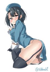 10s 1girl ascot ass bad_id bad_twitter_id beret black_gloves black_hair black_thighhighs blue_hat blush breasts brown_eyes cowboy_shot cropped_legs ebifurya from_side garter_straps gloves hat highres inactive_account kantai_collection long_sleeves looking_at_viewer medium_breasts no_panties parted_lips short_hair side_slit simple_background solo striped takao_(kancolle) taut_clothes thighhighs twitter_username uniform white_background rating:Questionable score:10 user:danbooru
