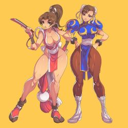  2girls breasts capcom chinese_clothes chun-li cleavage crossover curvy edwin_huang fatal_fury folding_fan full_body hand_fan highres japanese_clothes large_breasts multiple_girls muscular_legs shiranui_mai snk street_fighter the_king_of_fighters thick_thighs thighs yellow_background  rating:Sensitive score:13 user:BopSomeElks