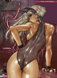  1girl backboob blonde_hair breasts brown_eyes canterbury_mimi female_focus from_behind hairband highres leotard looking_at_viewer narrow_waist oil original shiny_skin shirou_masamune skindentation skinny solo tentacles thigh_gap wrist_cuffs  rating:Questionable score:40 user:noitor