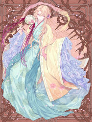  1boy androgynous anemone_(flower) aqua_robe beads brown_background chinese_clothes closed_mouth coat curtained_hair dairoku_ryouhei falling_petals floral_print flower frilled_sleeves frills full_body hagoromo hair_beads hair_between_eyes hair_flower hair_ornament hand_fan hanfu highres holding holding_fan ki_eren long_hair looking_at_viewer male_focus mikuni_(tw) nail_polish open_clothes open_coat orange_hair petals pink_eyes pink_flower pink_nails robe sash shawl sleeves_past_fingers sleeves_past_wrists smile solo tuanshan wide_sleeves yellow_coat 