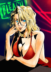  1girl absurdres arms_under_breasts bare_arms bare_shoulders bleach blonde_hair blue_eyes breasts cleavage closed_mouth collarbone commentary copyright_name dress english_commentary eyelashes eyes_visible_through_hair green_background hair_between_eyes halterneck hand_up highres indoors large_breasts light_particles lips looking_at_viewer matsumoto_rangiku medium_hair mole mole_under_mouth no_bra nose red_background red_dress simple_background sleeveless sleeveless_dress smile solo tsurime two-tone_background upper_body wavy_hair yshjsw 