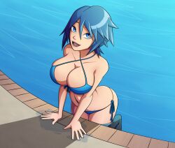 1girl absurdres aqua_(kingdom_hearts) bikini blue_eyes blue_hair breasts cleavage female_focus highres kingdom_hearts kingdom_hearts_birth_by_sleep large_breasts looking_at_viewer matching_hair/eyes navel pool ravenravenraven short_hair solo square_enix swimsuit toon_(style) 