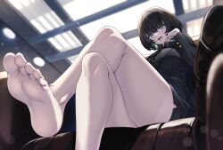  1girl allmind_(armored_core_6) aqua_hair armored_core armored_core_6 bare_legs barefoot black_hair black_suit blush breasts business_suit colored_inner_hair couch crossed_legs earrings feet female_focus foot_focus formal from_below jewelry large_breasts legs multicolored_hair no_shoes office_lady open_mouth pencil_skirt personification shirokuma_a sitting skirt smile soles solo suit toes triangle_earrings uniform  rating:Sensitive score:43 user:danbooru