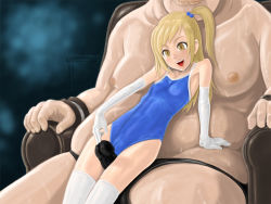  1boy 1girl age_difference blonde_hair bulge cameltoe chair elbow_gloves eyebrows fat fat_man gloves hair_bobbles hair_ornament head_out_of_frame hetero loli nipples open_mouth original pierre_iwashi ponytail sitting sweat underwear white_legwear yellow_eyes 