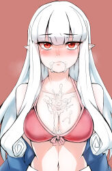  1girl absurdres after_fellatio blush bra breasts bukkake cheong cleavage cum cum_in_mouth cum_on_body cum_on_breasts cum_on_upper_body cumdrip elf highres large_breasts long_hair looking_at_viewer navel off_shoulder open_clothes pointy_ears red_bra red_eyes samhan solo stomach tearing_up textless_version underwear what_happens_inside_the_dungeon white_hair 