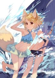 2girls animal_ears arm_up bare_arms bare_legs bare_shoulders barefoot bikini black_bikini blonde_hair blue_bikini blue_bow blue_eyes blue_hair blush bow braid breasts cat_ears cat_girl cat_tail closed_mouth collarbone commentary_request fox_ears fox_girl fox_tail hair_bow highres long_hair looking_at_viewer looking_back multiple_girls navel okishiji_en original profile red_eyes small_breasts smile standing standing_on_one_leg swimsuit tail very_long_hair water whale rating:Sensitive score:9 user:danbooru