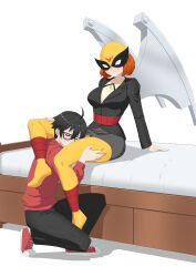  1boy 1girl absurdres bed belt bird_girl blush breasts commission commissioner_upload flustered formal grabbing_thighs groping harvey_birdman_attorney_at_law head_between_thighs highres kiss kissing_thigh lawyer legs mask mask_on_head medium_breasts metal_wings oppaihobby red_hair short_hair sitting skirt smile spandex spandex_suit squeezing suit thigh_grab thighs underwear white_background wings  rating:Sensitive score:1 user:TM07san