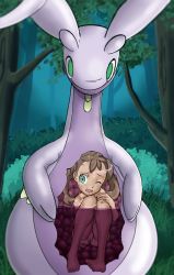  1girl absurdres acid brown_hair creatures_(company) curled_up feet forest game_freak gen_6_pokemon godvore goodra green_eyes highres holding_ass loli nature nintendo nude open_mouth peril pokemon pokemon_xy pussy scared shauna_(pokemon) soft_vore source_request stomach toes uncensored vore x-ray 