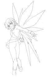 1girl ass breasts fairy full_body greyscale harumachi_nagaaki highres horns lineart monochrome nipples nude original pointy_ears small_breasts smile solo standing unfinished wings rating:Questionable score:11 user:danbooru