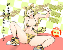  1girl :3 animal_ears animal_print asha bangs_pinned_back bikini blonde_hair breasts checkered_background chinese_zodiac commentary_request fang flower full_body happy_new_year highres long_hair looking_at_viewer medium_breasts navel new_year open_mouth original paw_pose print_bikini shoes sitting smile sneakers solo swimsuit tail tiger_ears tiger_girl tiger_print tiger_tail translation_request v-shaped_eyebrows whiskers year_of_the_tiger yellow_eyes yellow_flower 