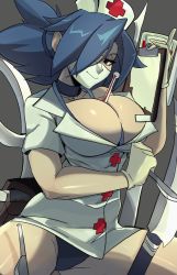  1girl between_breasts black_choker black_panties blue_hair breasts choker cleavage clipboard collarbone commentary gloves grey_background highres intravenous_drip large_breasts latex latex_gloves looking_at_viewer mask mouth_mask nurse panties red_eyes simple_background skullgirls solo surgical_mask symbol-shaped_pupils thighs underwear valentine_(skullgirls) white_gloves yoshiikirablr  rating:Questionable score:44 user:danbooru
