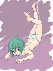 1girl antennae ass back barefoot bdsm blush bondage bound fall feet female_focus full_body green_eyes green_hair kuro_suto_sukii matching_hair/eyes panties panties_only short_hair simple_background sketch soles solo striped_clothes striped_panties tears teeth toes topless touhou underwear underwear_only upper_teeth_only wriggle_nightbug rating:Questionable score:20 user:danbooru