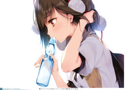 1girl absurdres arm_up black_hair black_wings blush bottle check_translation drinking feathers from_side hand_in_own_hair highres holding holding_bottle ke-ta non-web_source partially_translated pom_pom_(clothes) profile puffy_short_sleeves puffy_sleeves ramune red_eyes shameimaru_aya shirt short_hair short_sleeves simple_background solo string sweat tassel touhou translation_request upper_body white_background white_shirt wing_collar wings rating:Sensitive score:14 user:danbooru