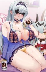  1girl arm_support bare_legs beer_can black_blindfold blind_princess_(last_origin) blindfold blush breasts breath can character_doll cleavage collarbone covered_eyes cyclops_princess_(last_origin) drink_can grey_hair highres holding holding_can indoors large_areolae large_breasts last_origin navel nipples pouring pouring_onto_pussy pouring_onto_self see-through seiza shou_ienaga sitting smile solo sweat wakamezake 