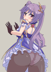  1girl absurdres artist_request ass bare_shoulders blush breasts detached_sleeves dress from_behind genshin_impact gloves hair_ornament hairpin highres keqing_(genshin_impact) long_hair looking_at_viewer looking_back open_mouth panties panties_under_pantyhose pantyhose purple_dress purple_eyes purple_hair shiny_clothes shiny_skin short_dress sideboob skirt smile solo twintails underwear very_long_hair white_panties  rating:Questionable score:20 user:armorcrystal